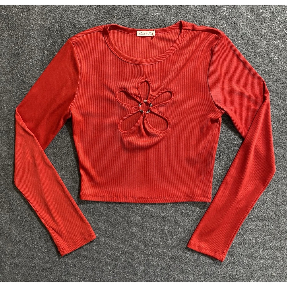 Women Red Back Cut Out Full Sleeves Top Size M
